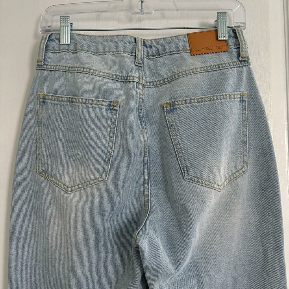 Avec Les Filles Slit Hem Straight Leg Distressed High Rise Jeans Sz 27 - Picture 5 of 8